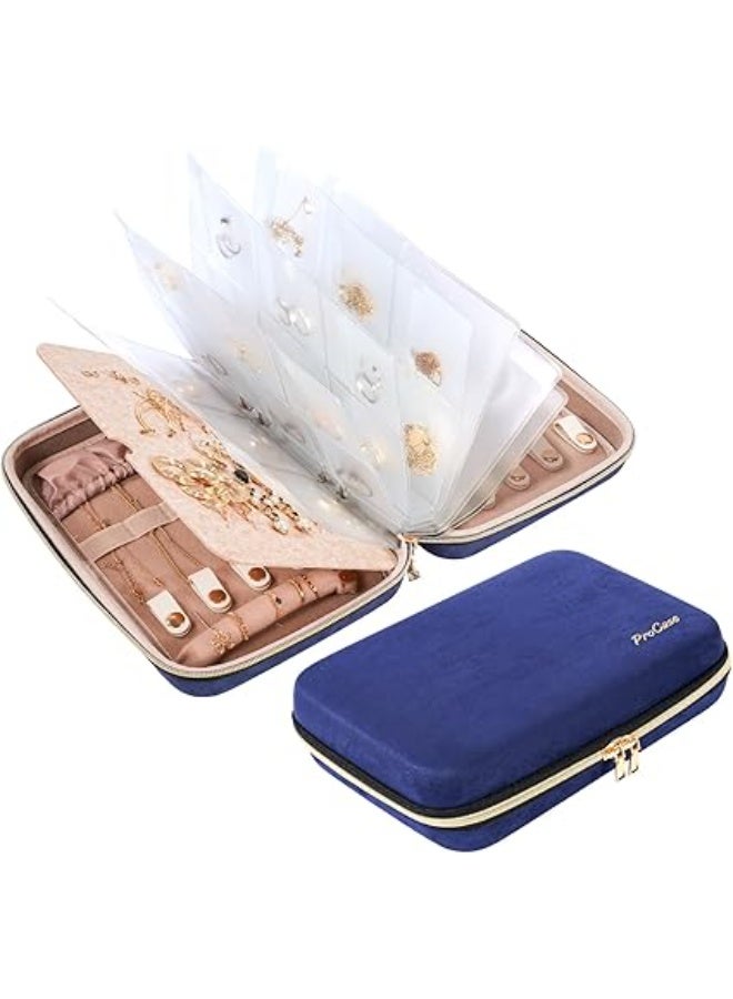 بروكاس بروكيس حافظة تنظيم مجوهرات كبيرة للسفر، لتخزين المجوهرات في المنزل مع جيوب شفافة للتقديم، حقيبة جيب بسحاب للاقراط والقلائد والاساور - كحلي - Image 1